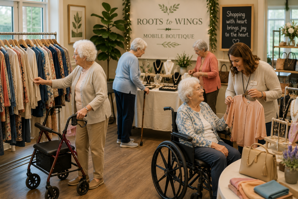 Senior living residents browsing clothing and accessories at a Roots to Wings Mobile Boutique visit, including residents using a walker, cane, and wheelchair.